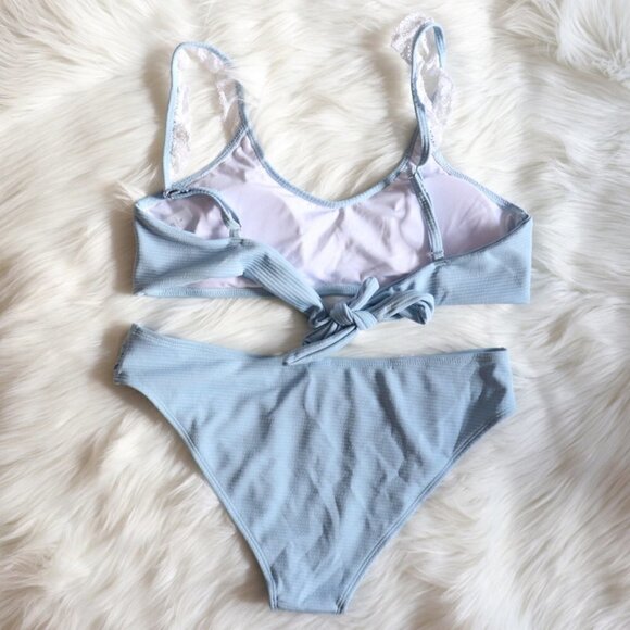 NEW Baby Blue White Lace Bikini Bathing Suit Swim Set Size Large - Picture 6 of 10